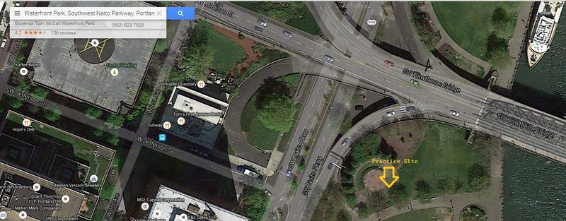 Satellite map of Waterfront Park with an arrow marking the practice site next to SW Naito Parkway, just south of the Hawthorne Bridge